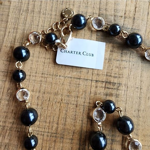 NWT Long Charter Club Navy Blue, Gold & Clear Glass Crystals Necklace - Picture 3 of 5